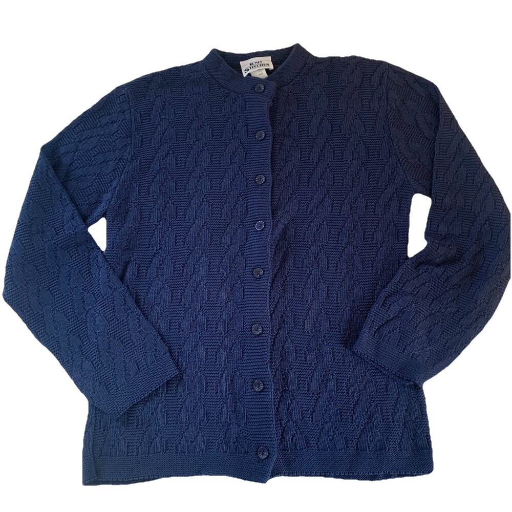 Vintage Knit Stitches Navy Blue Button Front Cardigan Sweater Medium Made in USA